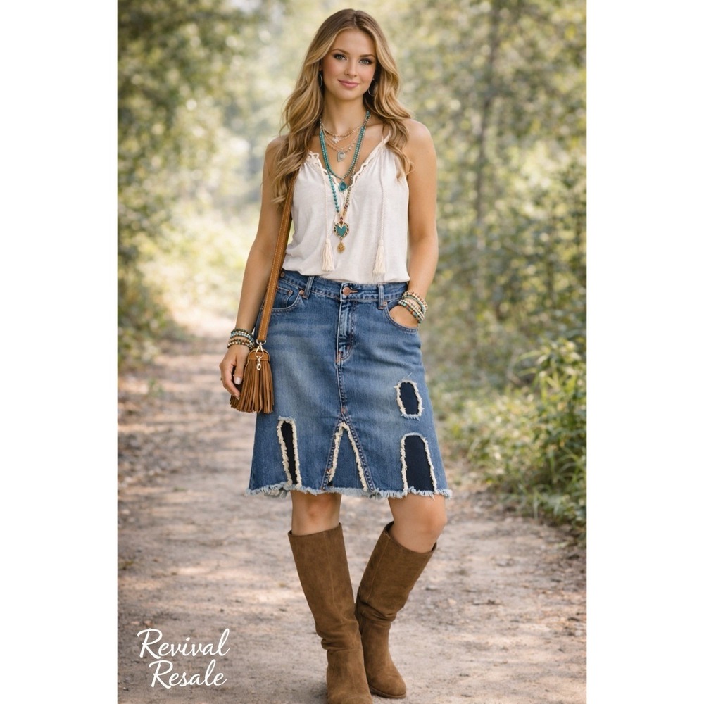 Distressed Patch Denim Skirt Cutout XL Boho Festival Y2K Date Night